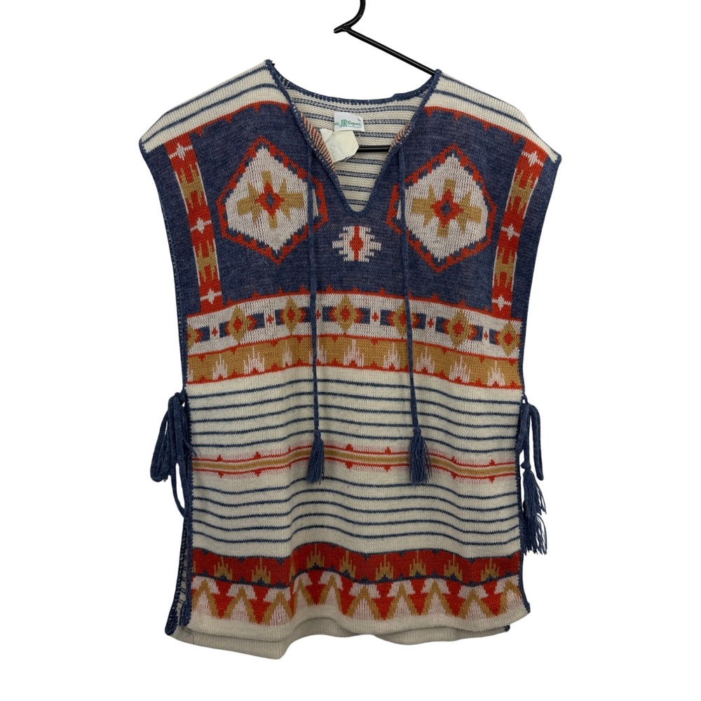 Sears JR Bazaar Poncho Womens Medium White Blue Southwestern Tassel Vintage *